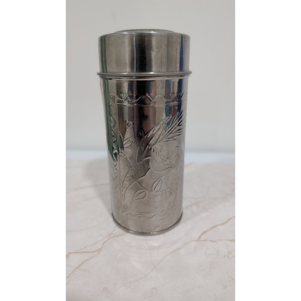 Vintage Stainless Steel Tea Canister Embossed Crane Floral Prosperity Motif